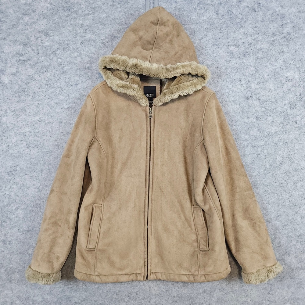 Esprit Outerwear Women's Coat Size M Tan Faux Suede Hooded Fleece Lined SNAG